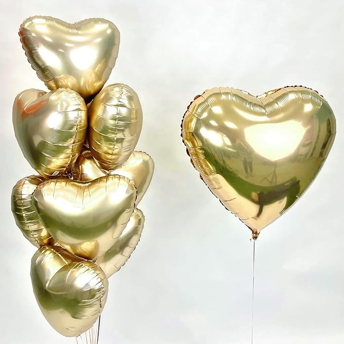 Gold White Heart Balloons,12Pcs 18 Inch Metallic Gold Cream Foil Love Heart Shaped Balloons for Birthday Party Wedding Engagement Anniversary Graduation Baby Shower Valentines Day Decorations