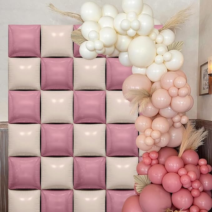 Dusty Pink and White Square Balloon, 20 PCS Matte Pink Cream Double Sided Square Foil Balloon Backdrop for Girls Bridal Baby Shower Wedding Boho Birthday Party Decoration
