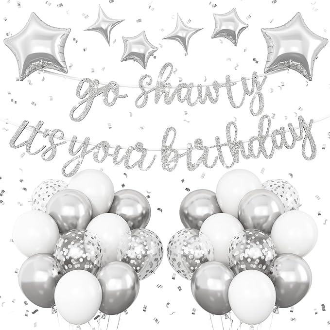 Silver Go Shawty It's Your Birthday Banner Balloons Set, Glitter Happy Birthday Banner with Silver White Confetti Balloon Star Foil Balloon for Man Women Hip Hop Rap Theme Birthday Party Decorations