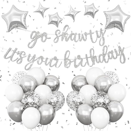 Silver Go Shawty It's Your Birthday Banner Balloons Set, Glitter Happy Birthday Banner with Silver White Confetti Balloon Star Foil Balloon for Man Women Hip Hop Rap Theme Birthday Party Decorations
