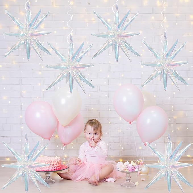 6PCS Iridescent Star Balloons, 22Inch Huge Iridescent Explosion Star Balloons Holographic Spike Cone Foil Balloon for Baby Shower Bridal Shower Wedding Winter Birthday Party Decorations