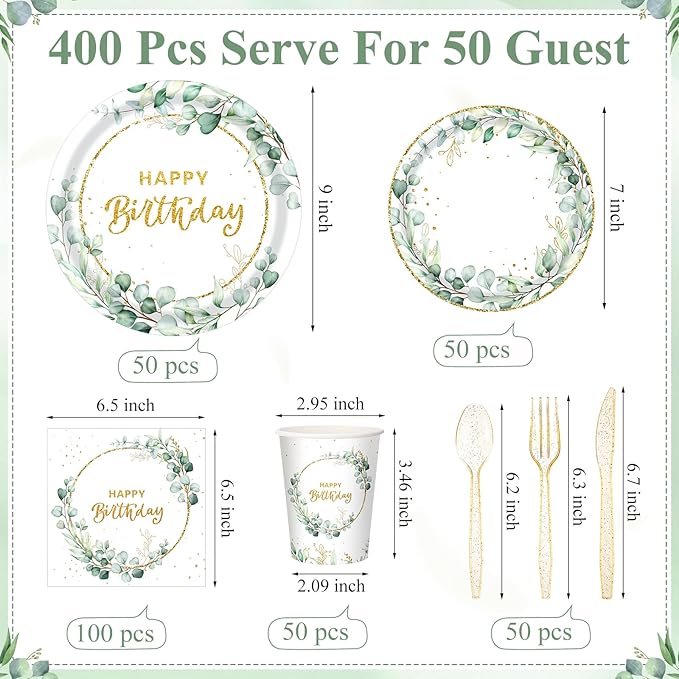 Pickmesh 400 Pcs Sage Green Birthday Party Supplies Include Neutral Eucalyptus Green Happy Birthday Disposable Paper Plates Napkins Cups Cutlery for Girls Boys Women Men Party Decorations Serve 50