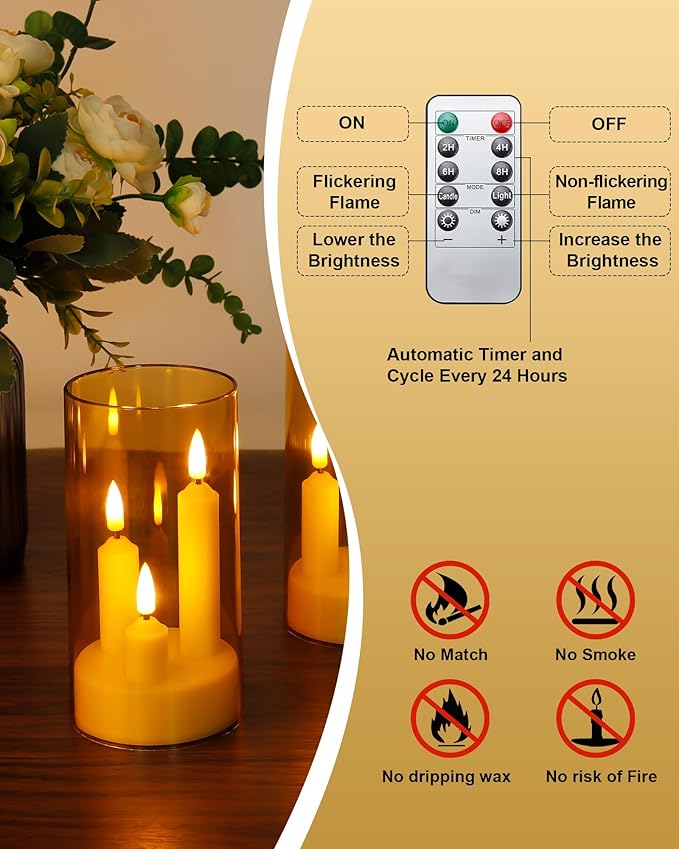 Enido Gold 2 Pc 3-in-1 Taper Flameless LED Candles with Remote, Battery Operated Acrylic Pillar Set, 3" x 6" Flickering Electric Lights for Cozy Home & Holiday Romantic Decor
