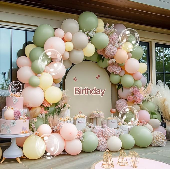 Pink Green Yellow Balloon Arch Kit, Double Stuffed Sage Green Pastel Pink Yellow White Sand Balloon Garland Beige Cream Balloons for Baby Shower Birthday Wedding Bridal Fairy Flower Tea Party Decor