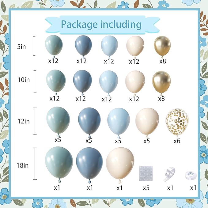 Dusty Blue Balloon Arch Kit, 148Pcs Retro Blue Macaron Blue Dusty Blue White Sand Gold Confetti Balloons for Baby Bridal Shower Wedding Engagement Birthday Party Decorations