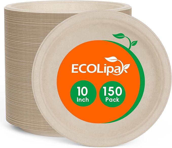 ECOLipak Paper Plates 10 Inch, 150 Pack Compostable Heavy Duty Disposable Biodegradable Sugarcane Bagasse Eco Friendly Paper Plates for Thanksgiving Party Dinner