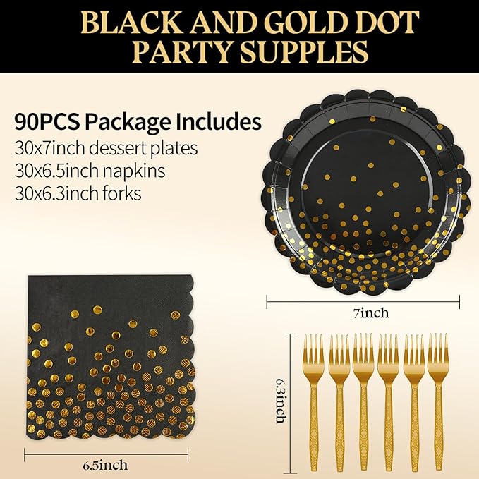 90PCS Black and Gold Plates and Napkins Party Supplies Decorations, 7Inch Scalloped Black Paper Plates and Napkins Set Disposable Party Dinnerware for Birthday Wedding,Graduation