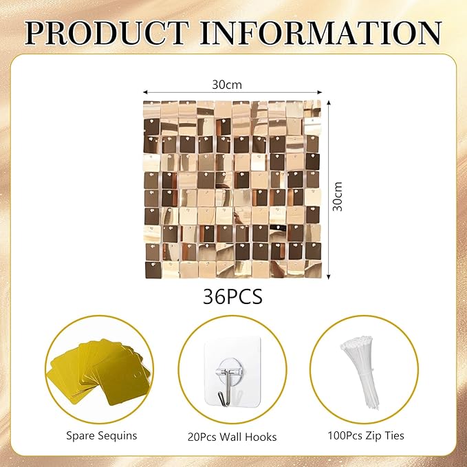 36 PCS Champagne Shimmer Wall Backdrop, Square Sequin Photo Backdrops Panel, Glitter Wall Background for Birthdays, Weddings, Halloween, Engagements, Disco Bachelorette Party Decoration (6FTx6FT)