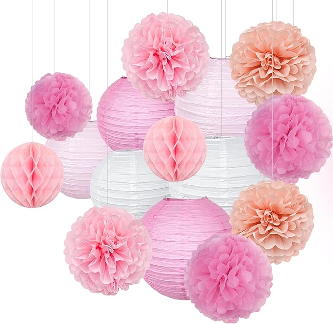 15pcs Party-Decorations Paper-Flowers Lanterns Party Pack and Pom Pom Balls Hanging Decoration for Wedding Birthday Baby Shower-Bachelorette Bridal Wedding Engagement Supplies Decor
