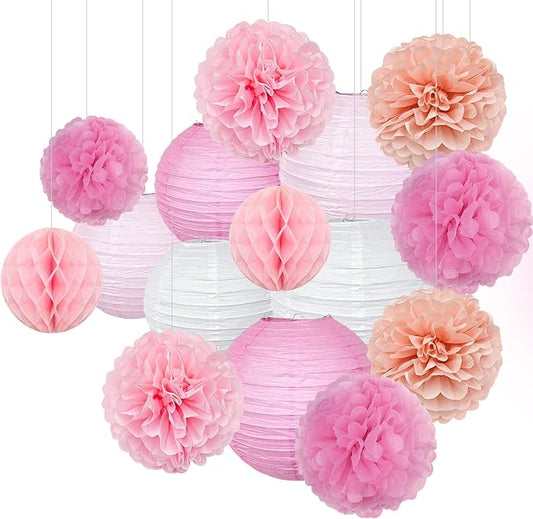 15pcs Party-Decorations Paper-Flowers Lanterns Party Pack and Pom Pom Balls Hanging Decoration for Wedding Birthday Baby Shower-Bachelorette Bridal Wedding Engagement Supplies Decor
