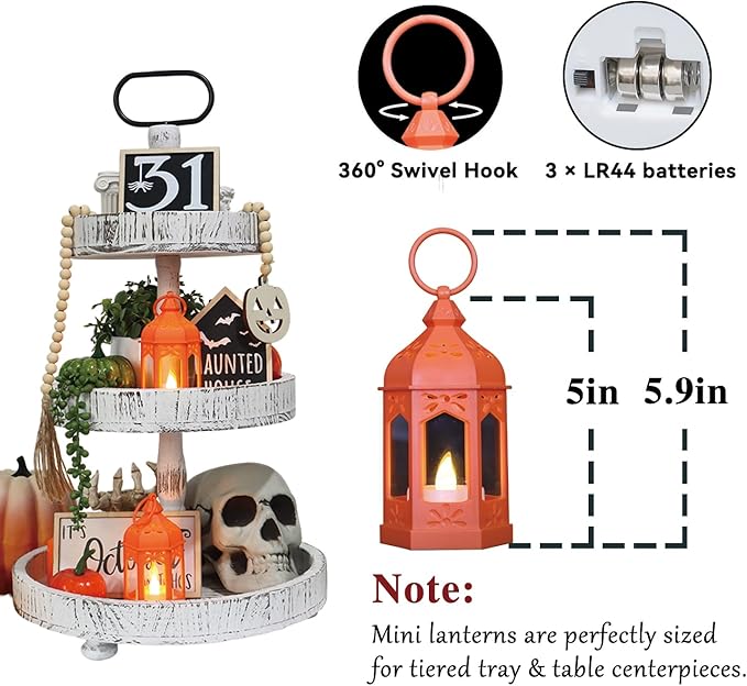 8 Pcs Mini Lantern with Flickering LED Candles, LLQ Orange Vintage Decorative Hanging Candle Lanterns for Halloween, Christmas, Wedding Decorations, Party, Table Centerpiece, Battery Included