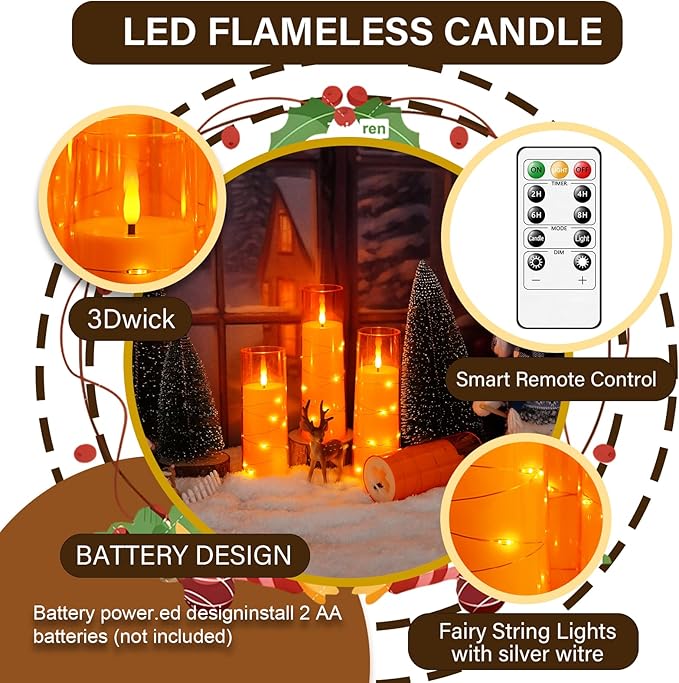Flameless LED Candles with Timer 5 Pc Flickering Flameless Candles for Romantic Ambiance and Home Decoration Stable Acrylic Shell,with Embedded Star String，Battery Operated Candles（Orange）
