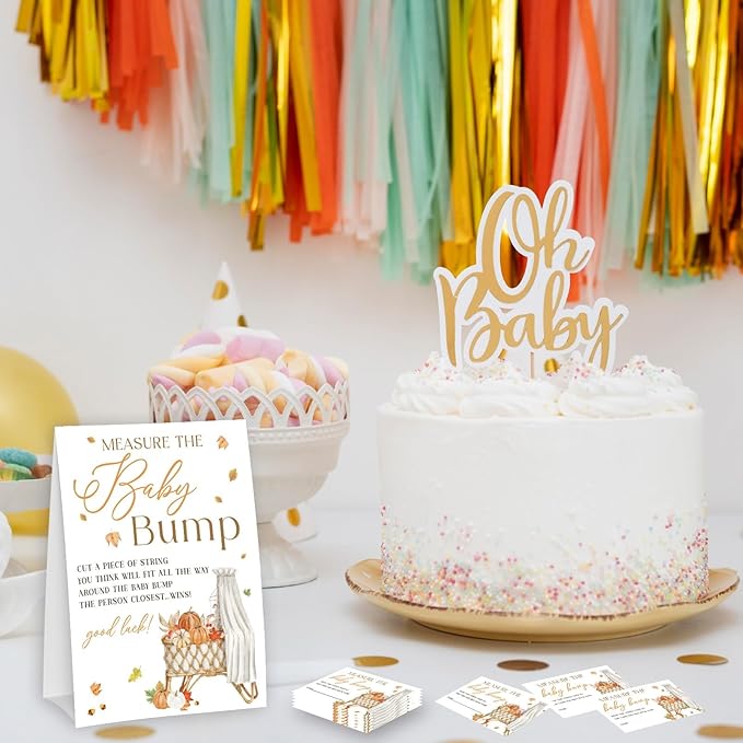 Baby Crib Measure The Baby Bump - Thanksgiving Baby Shower Card Set (1 Sign With 50 Guess Cards), Fall Pumpkin Gender Reveal Party Favor Supplies -A27