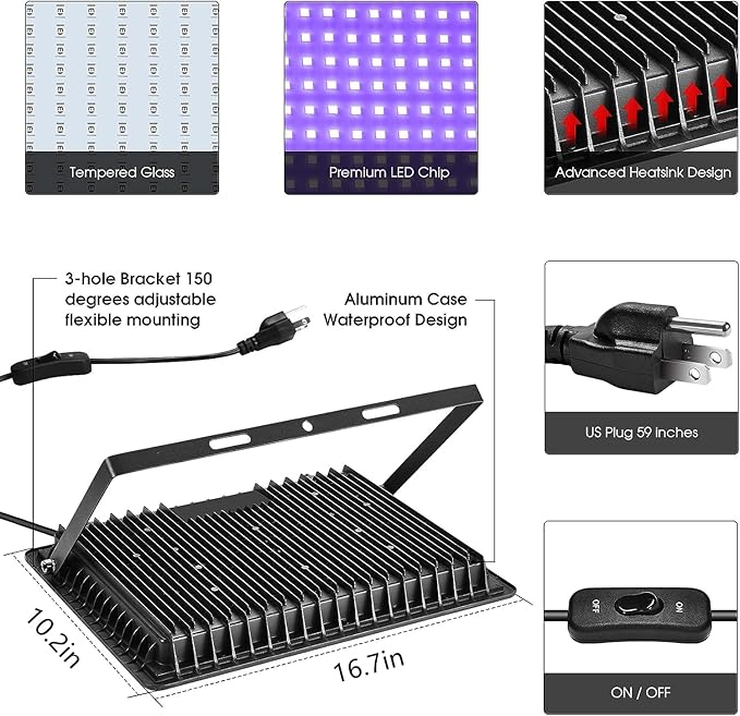2 Pack 500W LED Black Lights,Outdoor Flood Blacklight Light with Plug, IP66 Waterproof 395nm to 410nm forGlow in The Dark, Dance Party, Stage Lighting, Body Paint, Fluorescent Poster, Neon Glow