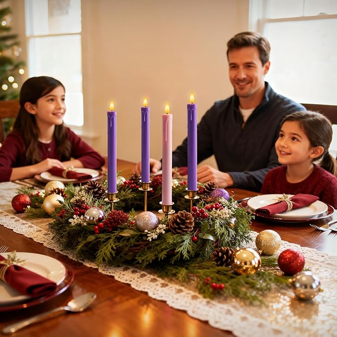 Homemory Flameless Advent Candles, Set of 4, Battery-Operated Flickering LED Candlesticks, Flameless Taper Candles with Remote Timer - 3 Purple, 1 Pink for Christmas Wreath