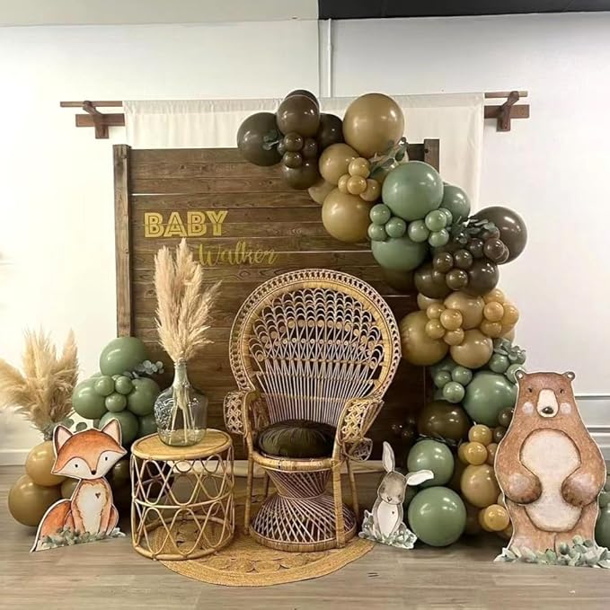 Sage Green and Brown Balloons, 12 Inch Olive Green Brown and Gold Jungle Safari Balloons for Baby Shower Camo Army Woodland Forest Hunting Wild One Birthday Party Decorations