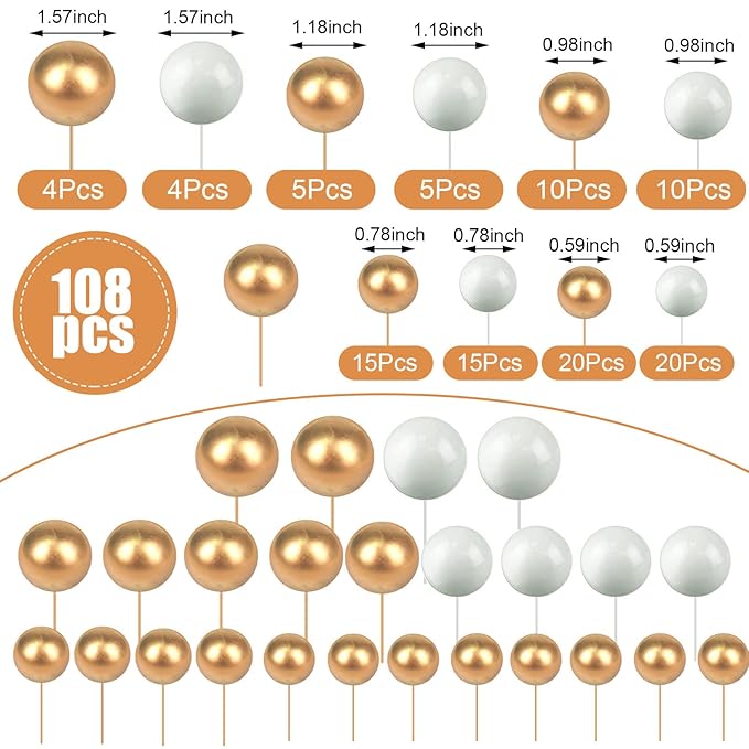 108 Pcs Balls Cake Topper DIY Cupcake Insert Foam Balloons for Cake Baking Wedding Anniversary Birthday Decoration(White, Gold,Multi Sizes)