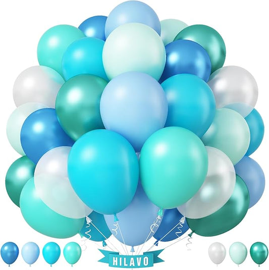 Blue Green Teal Balloons 60 Pcs Ocean Blue Green Pearl White Balloons 12 Inch Under the Sea Shark Whale Underwater World Theme Balloon Set for Boys Baby Shower Gender Reveal Birthday Party Decorations