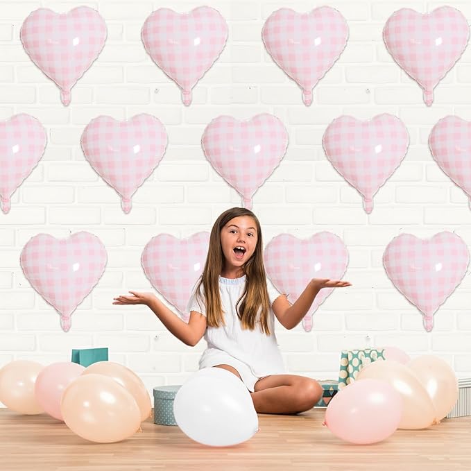Pink White Checkered Heart Balloons, 10 Pcs Light Pink Grid Heart Shape Balloon, 18 Inch Lattice Foil Valentines Balloons for Kids Girls Birthday Wedding Valentines Bridal Baby Shower Party Decoration