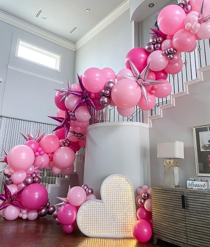 Pink Balloon Garland Arch Kit with Star Foil Balloons, Metallic Pink Matt pink Hot pink Pastel pink Balloons Arch Kit for Girls Women Birthday Wedding Baby Shower Princess Theme Party Decorations