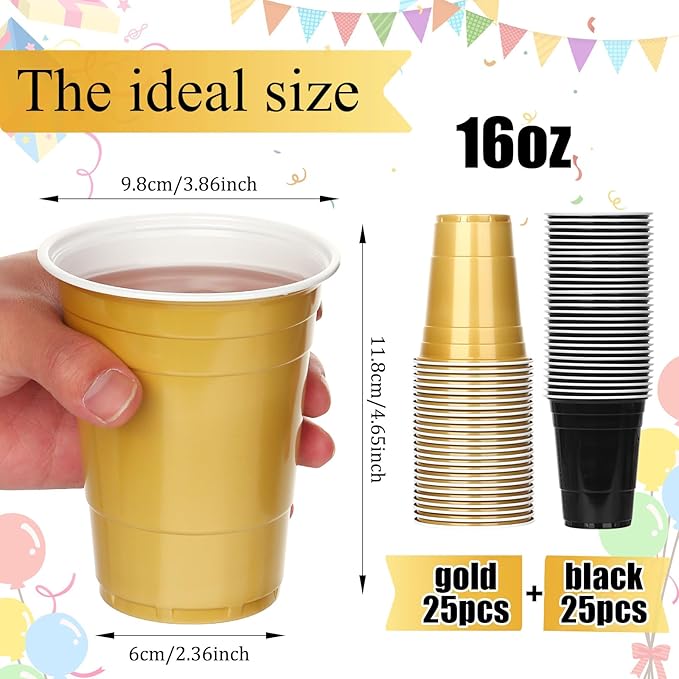 KesaPlan 50PCS 16 oz Plastic Cups Graduation Cups Black and Gold Disposable Party Cup Bulk for Party Graduation Wedding Birthday Halloween Family Gatherings and Festive Celebrations