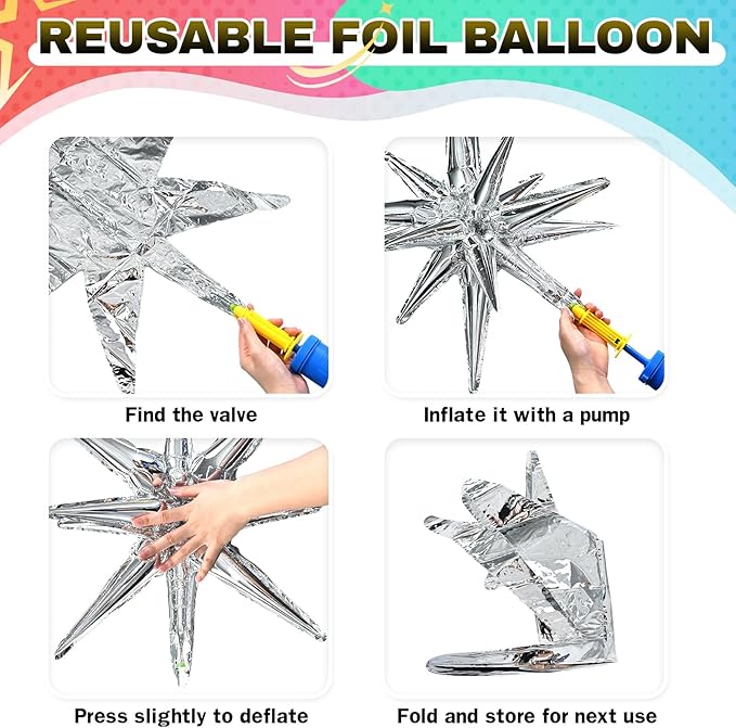 6PCS Star Balloons, 22Inch Large Colorful Star Balloon Foil Balloons Spike Cone Balloon for Birthday Graduation Anniversary Christmas New Year Party Decorations