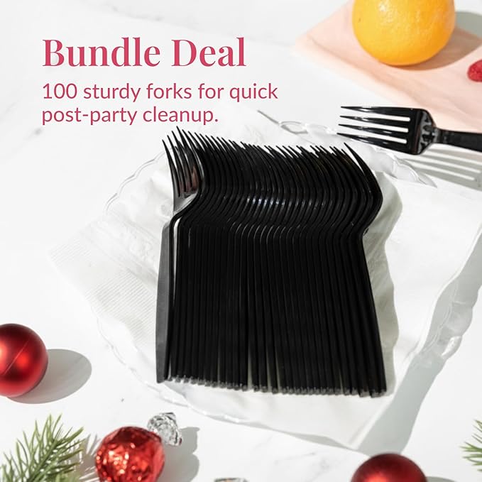 Prestee 100 Pack Black Plastic Silverware Forks - Heavy Duty Forks Disposable for Parties, Weddings, and Holidays - Elegant Heavyweight Cutlery and Flatware Set for Events and Celebrations