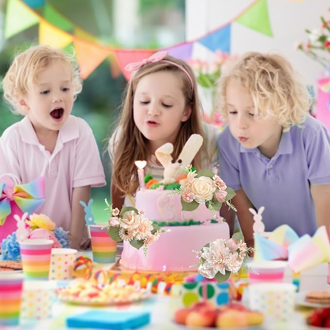 Cake Toppers Flowers,3 Pieces Hand-made Silk Flowers Cake Decorations for Birthday Baby Shower Wedding Valentine's Day Celebration Boho Party Supplies (Champagne)