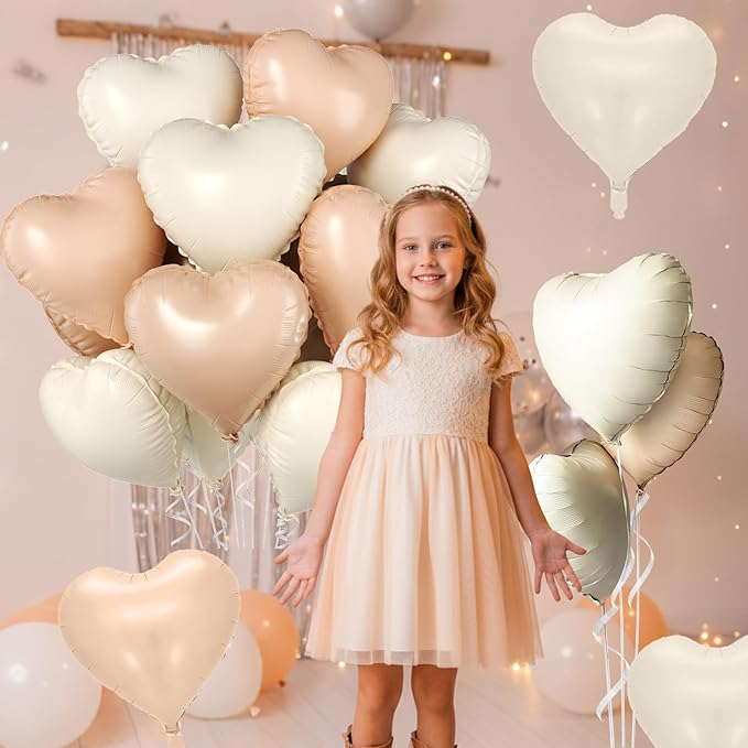 Cream Apricot Heart Balloons, 10 Pcs Beige White Caramel Foil Heart Shaped Balloon, 18 Inch Nude Neutral Balloons Helium for Engagement, Brithday, Baby Shower, Wedding, Valentines Party Decorations