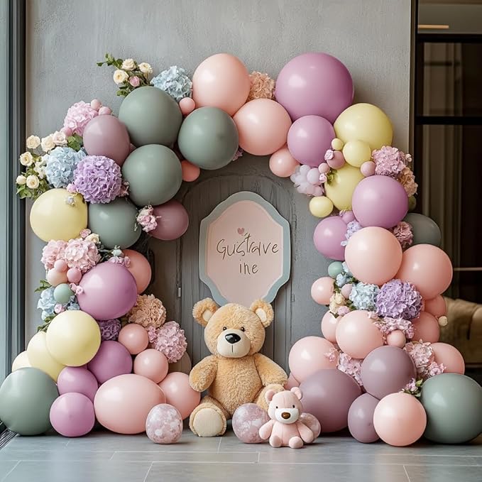 Dusty Green Pink Yellow Balloon Garland Double Stuffed Pastel Pink Yellow Haze Purple Green Floral Pastel Balloons Arch Kit for Birthday Wild Flower Baby Shower Wedding Garden Tea Party Decoration