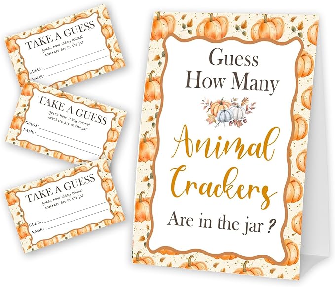 Little Pumpkin Guess How Many Animal Crackers - Thanksgiving Baby Shower Card Set (1 Sign With 50 Guess Cards), Fall Gender Reveal Party Favor Supplies -A23