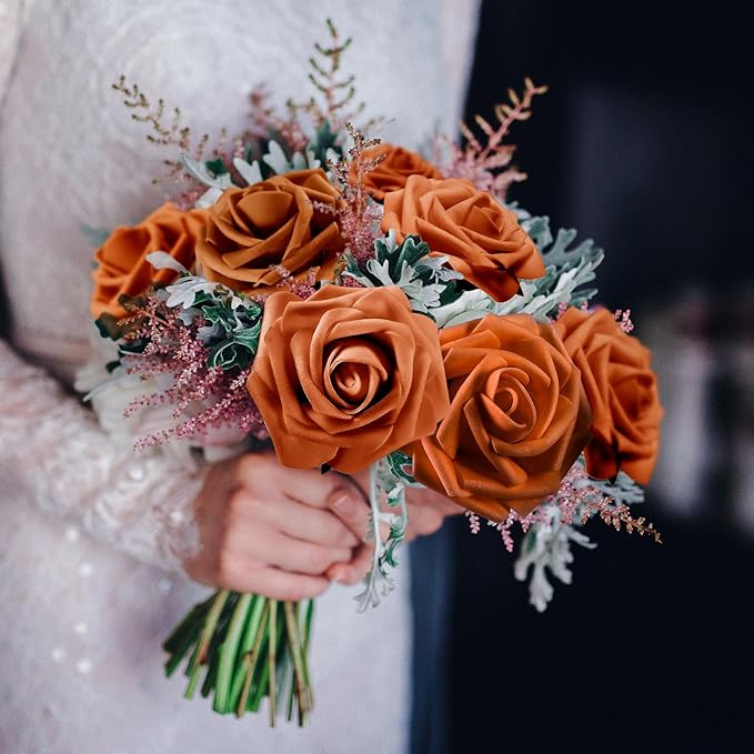 100 Pieces Artificial Foam Rose Flowers Faux Bouquet with Leaves and Stems for DIY Wedding Bouquets Centerpieces Bridal Shower Party Valentine Home Decorations(Orange)
