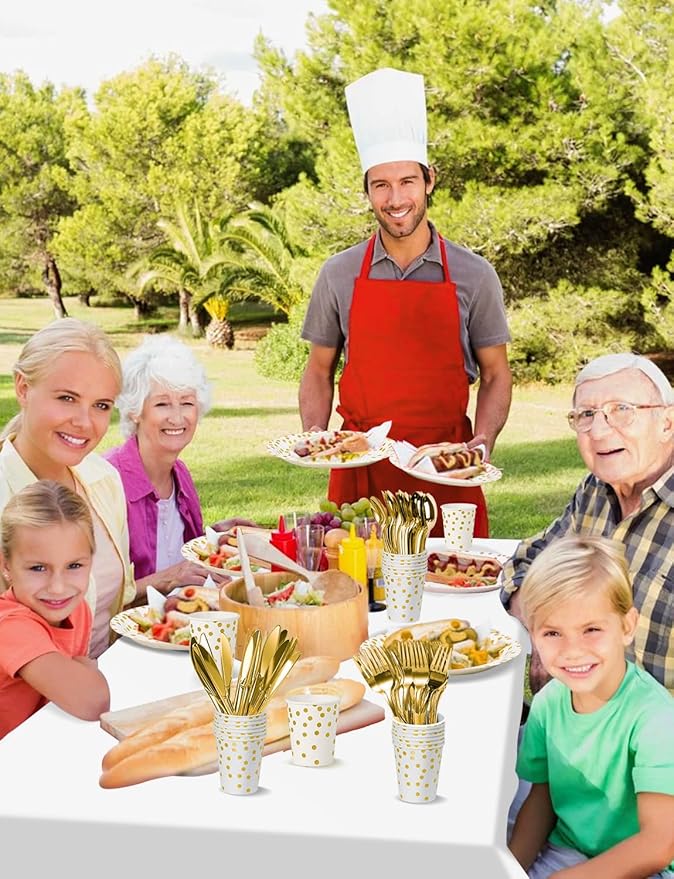 141 Pieces White Gold Party Supplies, Disposable Party Decorations Sets Include Paper Plates Napkins Cups, Plastic Forks Knives Spoons, for Baby Shower Birthday Wedding -20 Guests