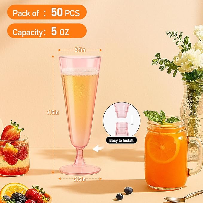50 Pack Pink Clear Plastic Champagne Flutes, 5 Oz Disposable Champagne Glasses, Unbreakable Acrylic Mimosa Glasses Wedding Cocktail Cups for Engagement Birthday Graduation Party Decorations Supplies