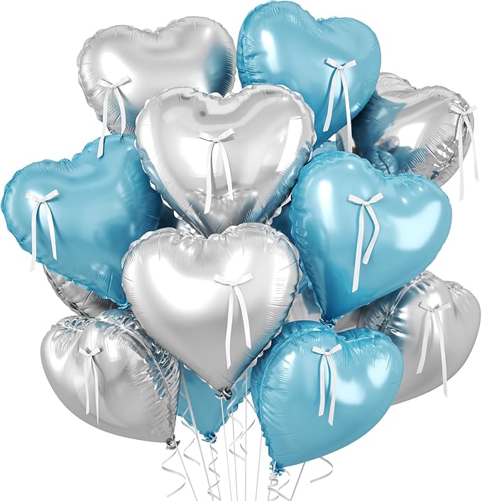 Blue and Silver Heart Balloon, 10 Pcs Light Blue Heart Shaped Balloon with White Bow Ribbon, 18 Inch Metallic Silver Foil Balloons for Boys Men Brithday Baby Shower Wedding Valentines Party Decoration
