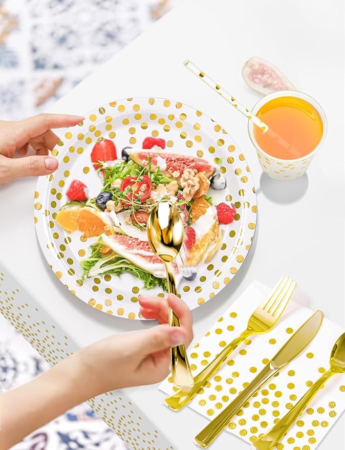 141 Pieces White Gold Party Supplies, Disposable Party Decorations Sets Include Paper Plates Napkins Cups, Plastic Forks Knives Spoons, for Baby Shower Birthday Wedding -20 Guests