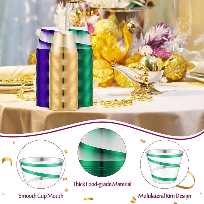 Gejoy 9 oz Rimmed Swirl Plastic Cups Disposable Wine Drinking Cups Clear Elegant Halloween Tumblers for Christmas Party Supplies(Purple, Gold, Green,60 Pcs)