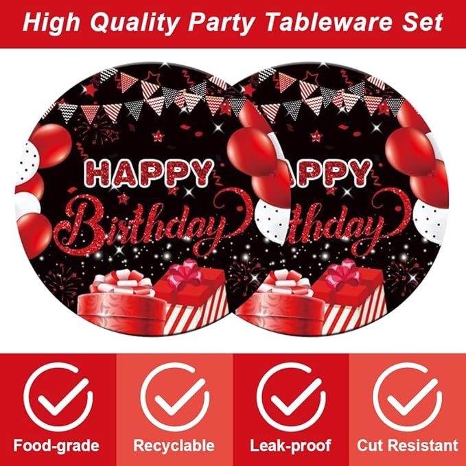 40pcs Red and Black Birthday Party Decorations Red Birthday Decorations Disposable Tableware Include Plates Napkins For 20 Guests