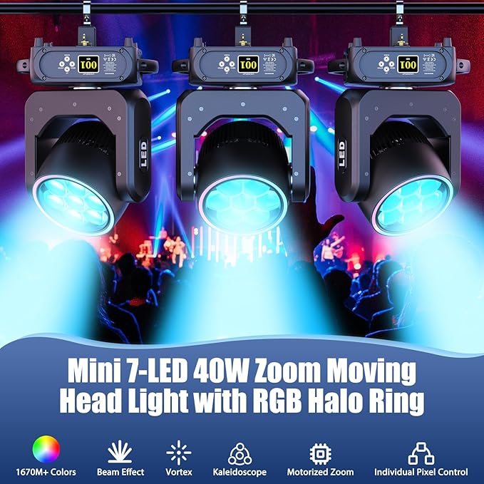 Moving Head Light 7x40W LED with Wash Beam Vortex Kaleidoscope Effect RGBW 4 in 1Color Bee Eye Focus DJ Light by DMX and Sound Activated Control for Concert Hall Theater Stage Lighting Effect