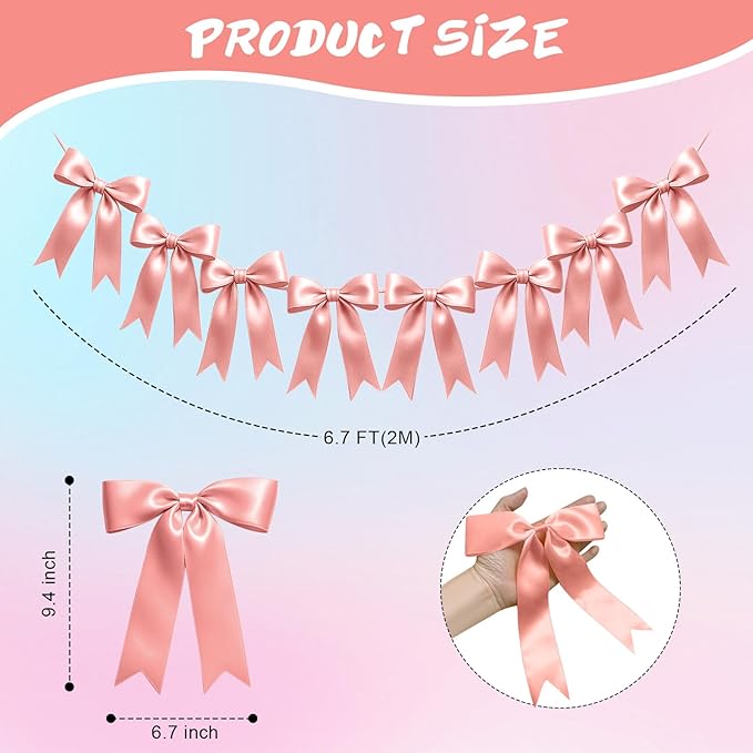 1 String of 8PCS Rose Pink Bow Garland Banner Decoration,Pre-Strung Satin Ribbon Ornaments for Birthday,Bachelorette Party,Bridal Shower,Wedding,Engagement,Baby Shower,Graduation Decor,Anniversary