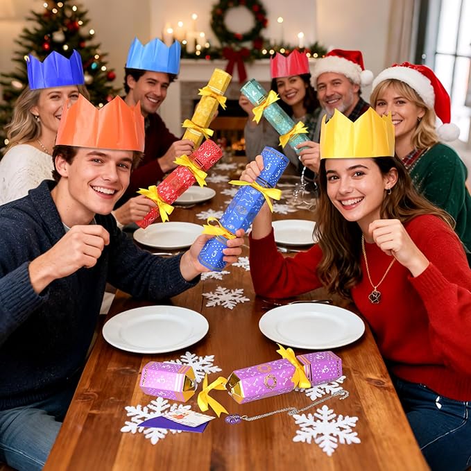 MOVINPE 8 Pack Christmas No Snap Party Table Favors, 10” Christmas Table Decorations with Gemstone Necklaces, Paper Crown, Joke Card, Traditions Holiday Family Dinner Gift Set