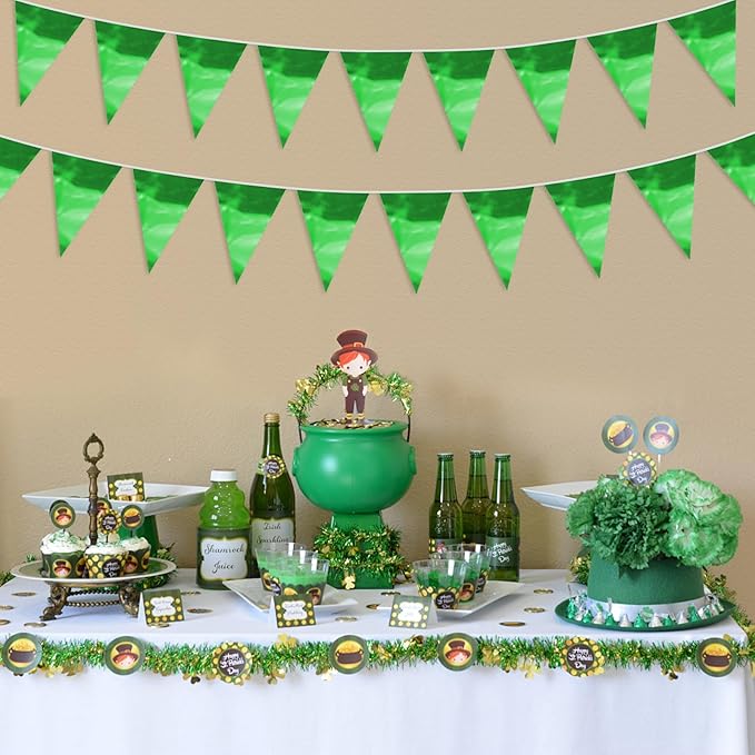 65FT Green Glitter Triangle Pennant Banner Flag Metallic Bunting Fabric Garland for Christmas Graduation Safari Birthday Tropical Jungles Wedding Bachelorette Engagement Party Decoration Supplies