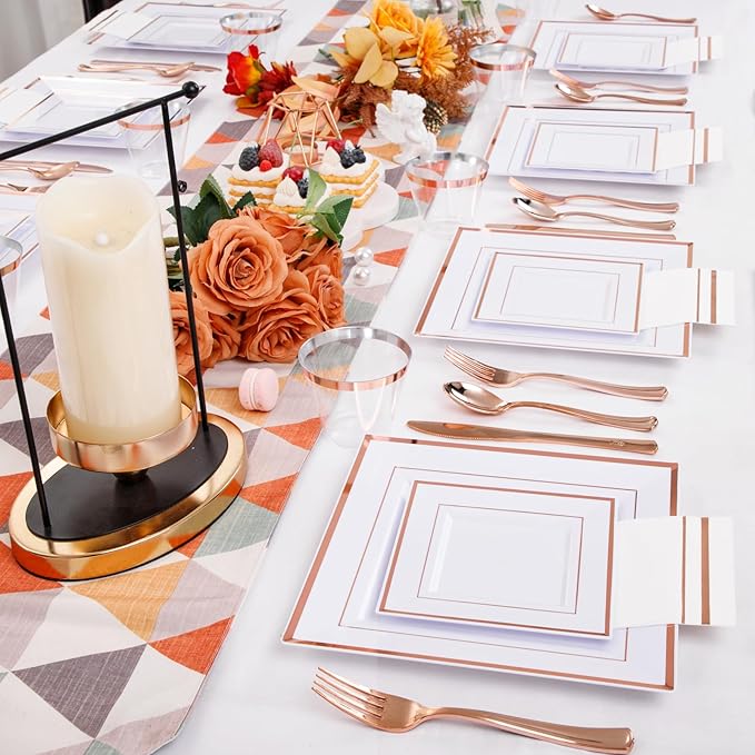 Festiva 350Pcs Rose Gold Plates and Napkins Party Supplies-Square White and Rose Gold Disposable Dinnerware include Plates Cups Cutlery Napkins for 50 Guests Wedding &Christmas Party&Mother's Day