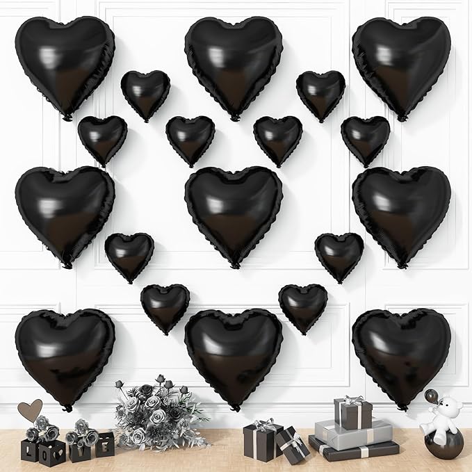 Black Heart Balloons, 19PCS Black Heart Shape Balloons, 18Inch with 10Inch Helium Foil Balloon Love Balloon for Birthday Baby Shower Wedding Valentines Halloween Party Decorations