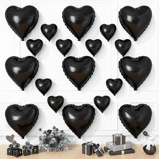 Black Heart Balloons, 19PCS Black Heart Shape Balloons, 18Inch with 10Inch Helium Foil Balloon Love Balloon for Birthday Baby Shower Wedding Valentines Halloween Party Decorations
