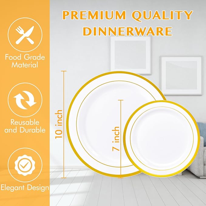 JollyPack 100 Piece Disposable Gold Plastic Party Plates, Including 50 10 Inch Dinner Plates and 50 7 Inch for Dessert, Great for Parties, Weddings, Home Use, and Thanksgiving