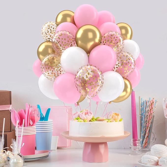 Patimate Pink Gold Confetti Balloons Set, 50 pcs 12 inch Metallic Gold Pastel Pink White Confetti Latex Balloons Kit for Birthday Baby Shower Girl Princess Party Decorations