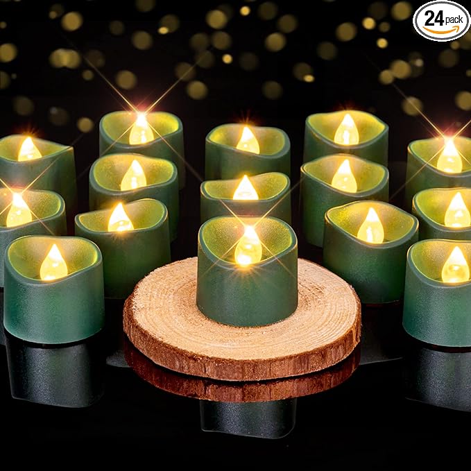 Homemory Green Tea Lights Candles Battery Operated, 200+Hour Flameless Flickering Fake Electric LED Colored Tealights Candles for Christmas, Theme Party, Seasonal Celebrations, 24-Pack