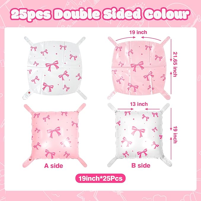 NISOCY 25PCS White Pink Bow Square Foil Balloons Wall Backdrop Double Sided White Coquette Pink Bow Balloons Tunnel for Birthday Wedding Valentines Bachelorette Bridal Baby Shower Party Decorations