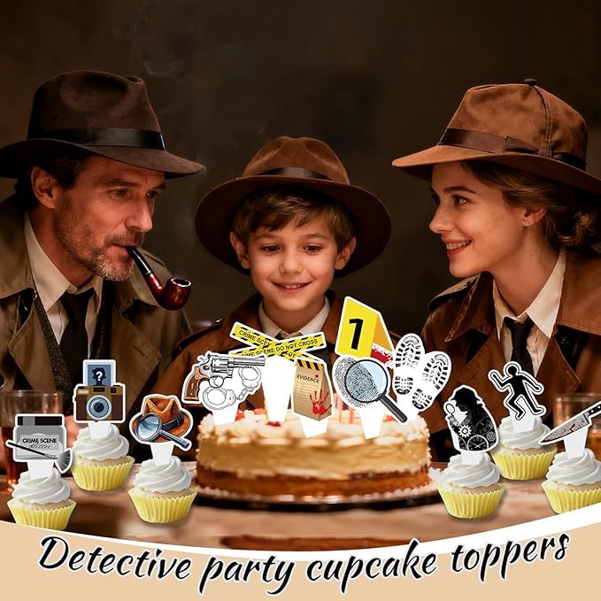 48 PCS Murder Mystery Happy Birthday Cupcake Toppers Detective Theme Party Decorations Crime Scene Cake Decor Cupcak Decorations Cake Decorating Party Supplies Decor for Men Women Boys Girls